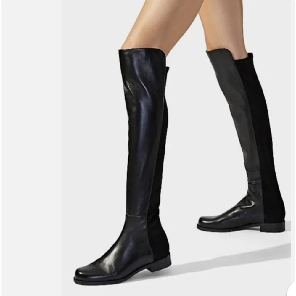 Stuart Weitzman 50/50 Over the Knee Boots Black Leather /Stretch Low Heel SZ 7.5